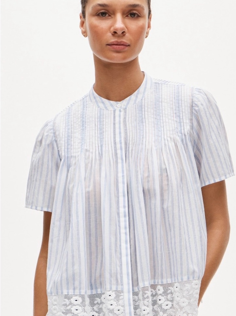 Lace-trim short-sleeve button-up top in cotton voile